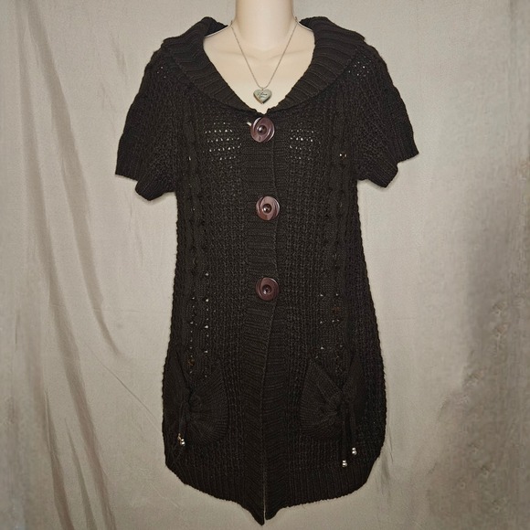 Bé & Sé Sweaters - Be & Se Womens Cardigan Sweater‎ Brown Knit Short Sleeve Buttons Pockets